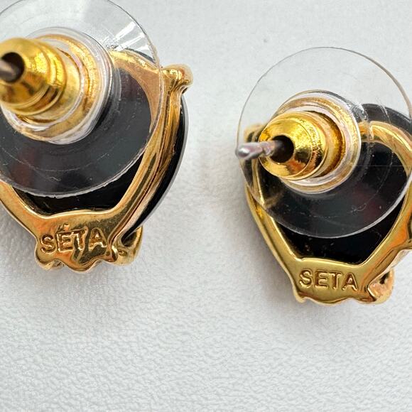 SETA Black Faceted Heart Earrings Gold Tone Cage Rhinestone Studs Gift Signed - Picture 6 of 11